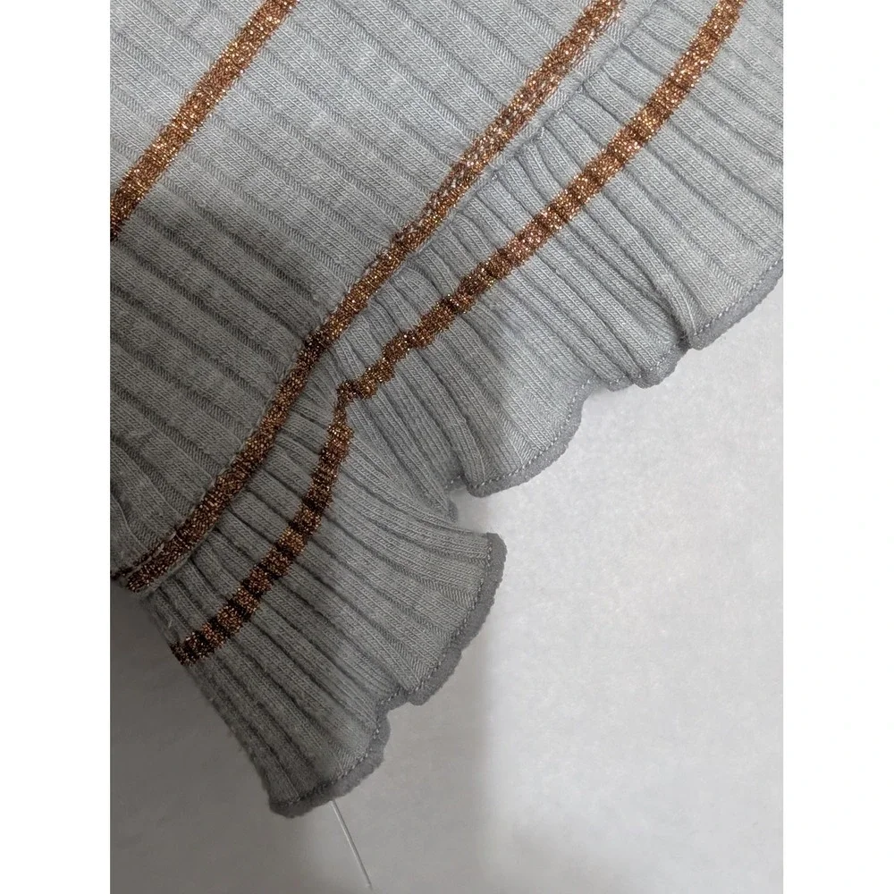 J. Crew Womens XS Grey Metallic Copper Striped Ribbed Ruffle Lettuce Edge Top